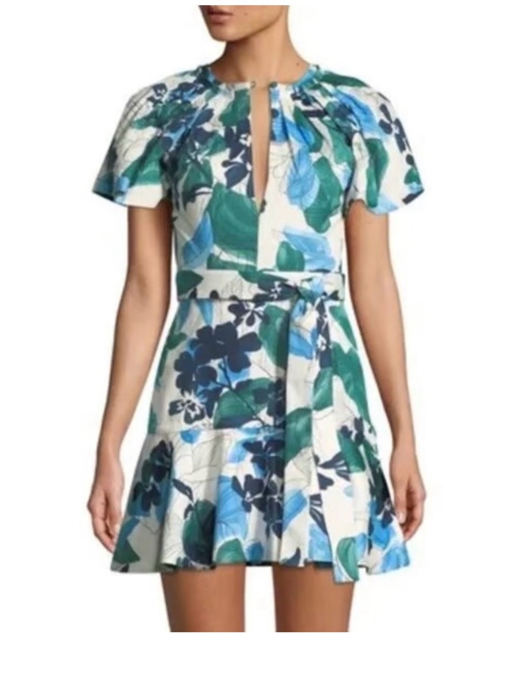 ALEXIS Reede Floral Flounce Mini Dress Blue Green Cotton Keyhole XS